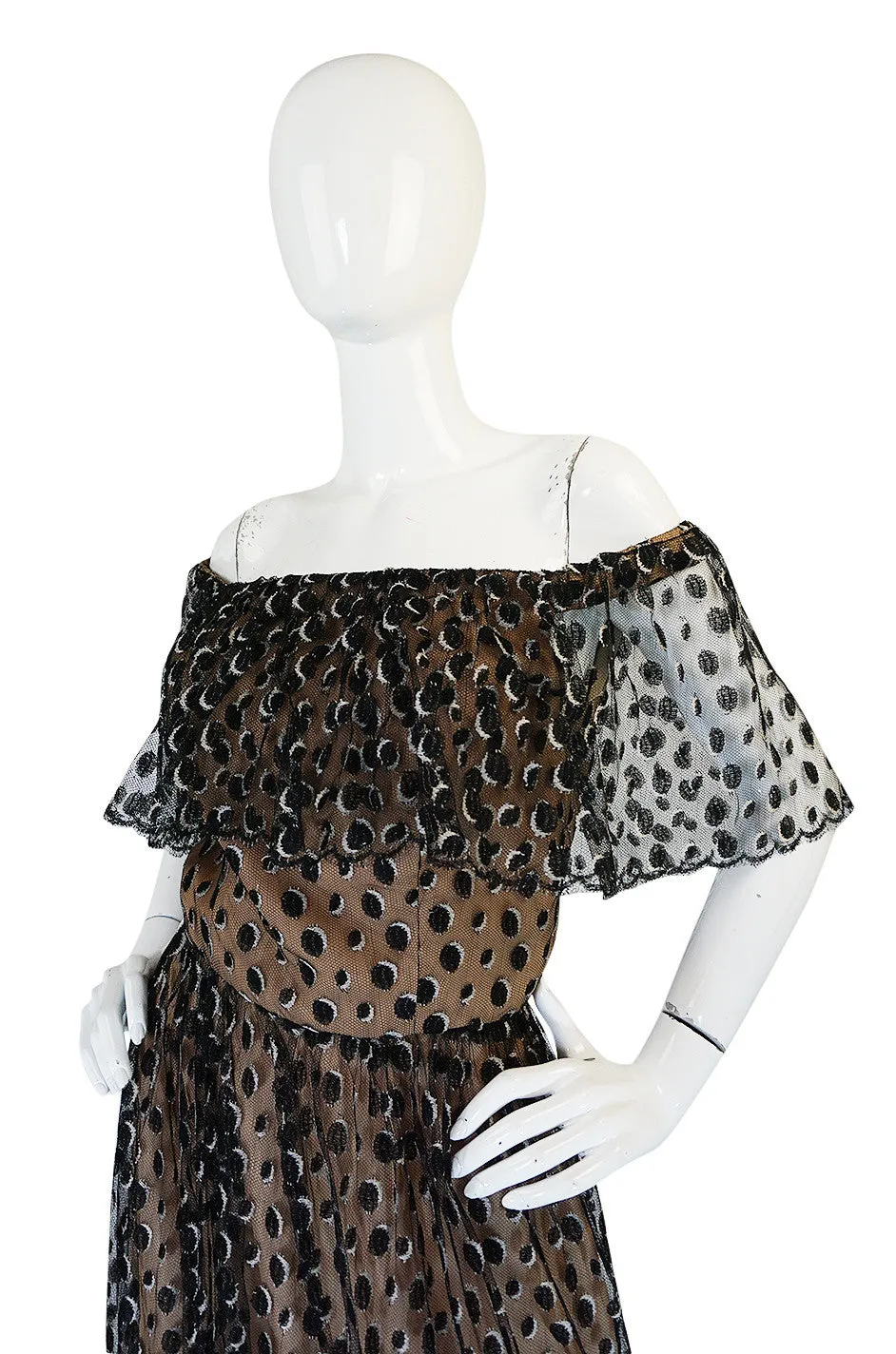 1970s Jean Louis Dotted Net & Silk Off Shoulder Dress