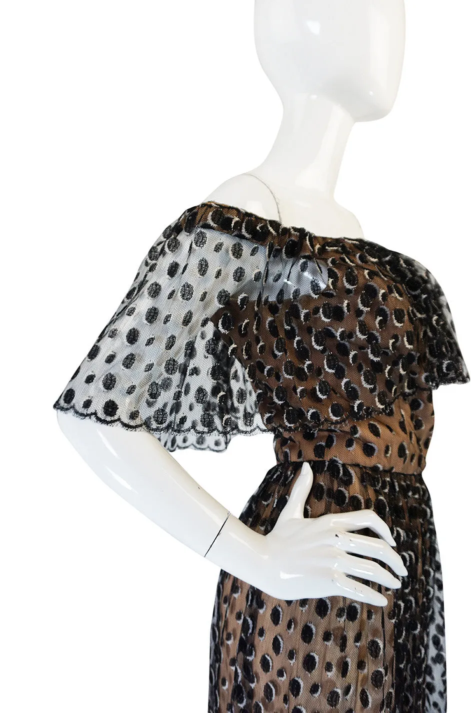 1970s Jean Louis Dotted Net & Silk Off Shoulder Dress