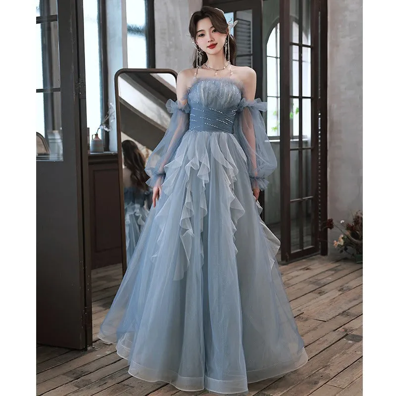 2025 Blue tube top banquet evening dress  new super fairy vocal performance fluffy yarn dress birthday party dress