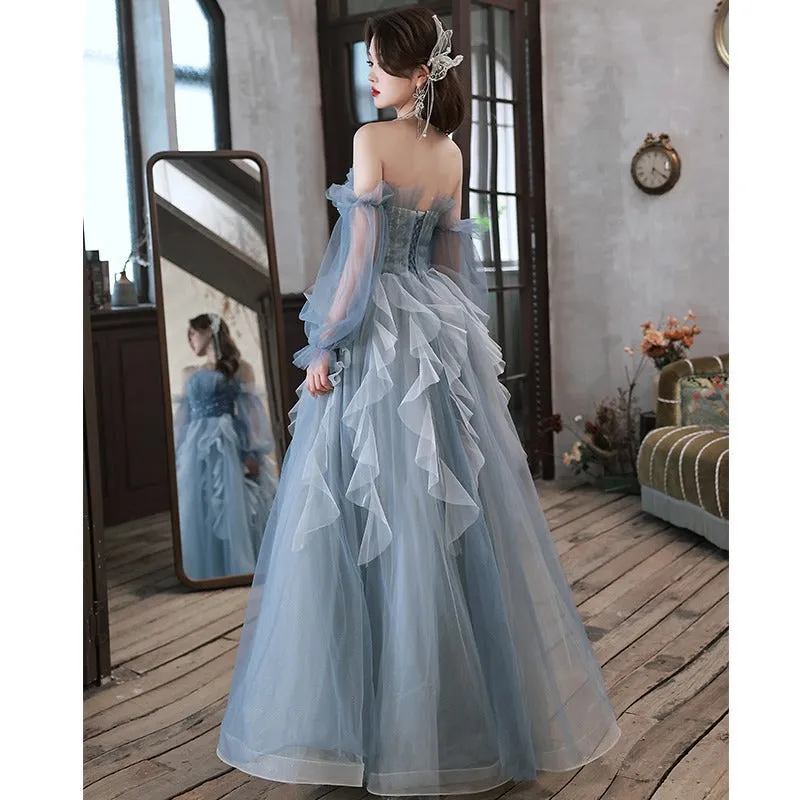 2025 Blue tube top banquet evening dress  new super fairy vocal performance fluffy yarn dress birthday party dress