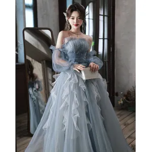2025 Blue tube top banquet evening dress  new super fairy vocal performance fluffy yarn dress birthday party dress