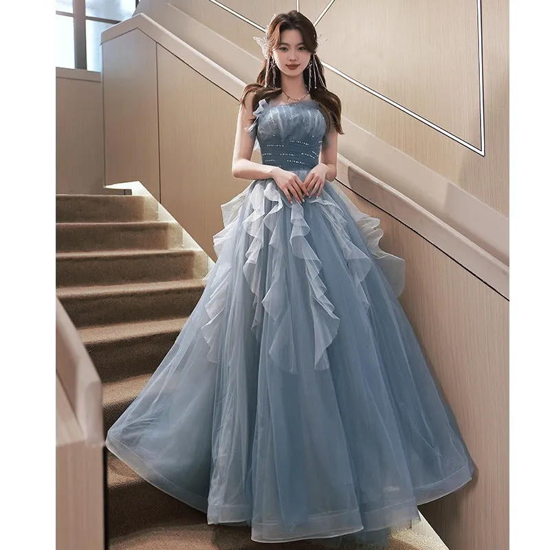 2025 Blue tube top banquet evening dress  new super fairy vocal performance fluffy yarn dress birthday party dress