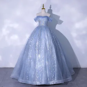 2025 new one-word shoulder haze blue vocal art test piano performance tutu skirt adult performance evening dress