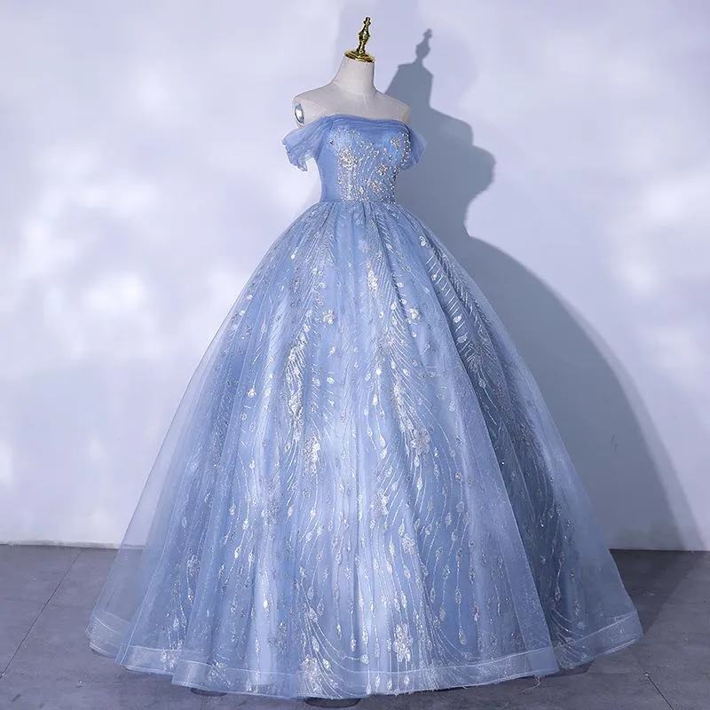 2025 new one-word shoulder haze blue vocal art test piano performance tutu skirt adult performance evening dress