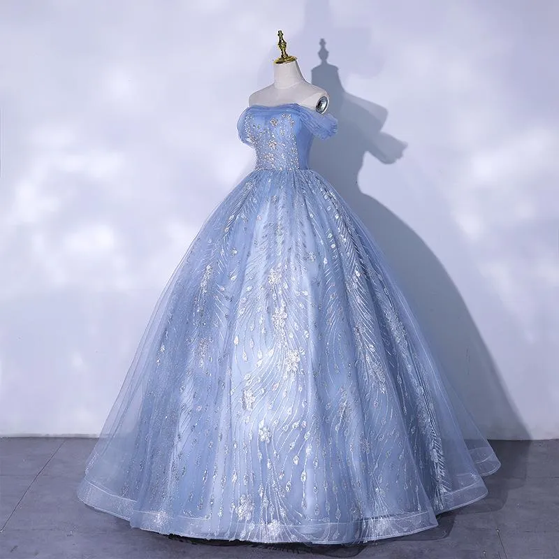 2025 new one-word shoulder haze blue vocal art test piano performance tutu skirt adult performance evening dress