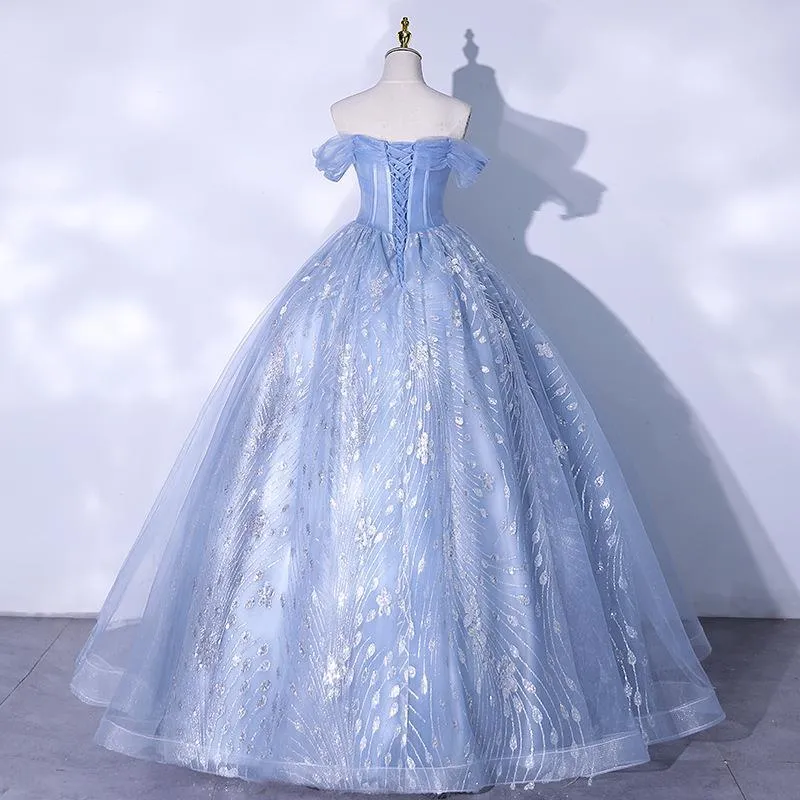 2025 new one-word shoulder haze blue vocal art test piano performance tutu skirt adult performance evening dress