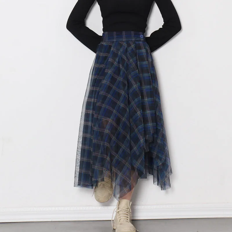 2025 popular autumn new fashion temperament skirt, high waist blue plaid mesh sexy versatile A-shaped skirt women