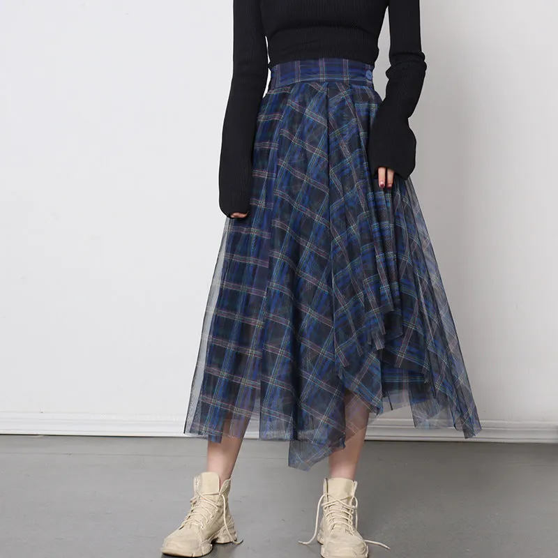 2025 popular autumn new fashion temperament skirt, high waist blue plaid mesh sexy versatile A-shaped skirt women