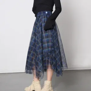 2025 popular autumn new fashion temperament skirt, high waist blue plaid mesh sexy versatile A-shaped skirt women