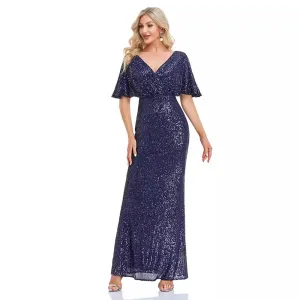 2025 popular new  sexy V-neck short-sleeved slit navy blue evening dress banquet dress Popularan warehouse supply