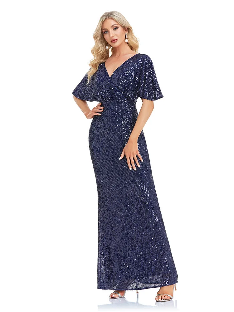 2025 popular new  sexy V-neck short-sleeved slit navy blue evening dress banquet dress Popularan warehouse supply