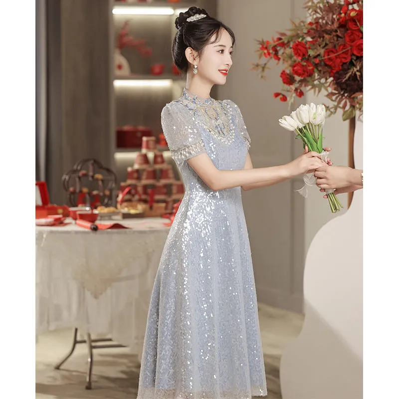 2025 Sky blue bridal toast  new new Chinese sequined bubble sleeves engagement banquet thank you dress skirt wholesale