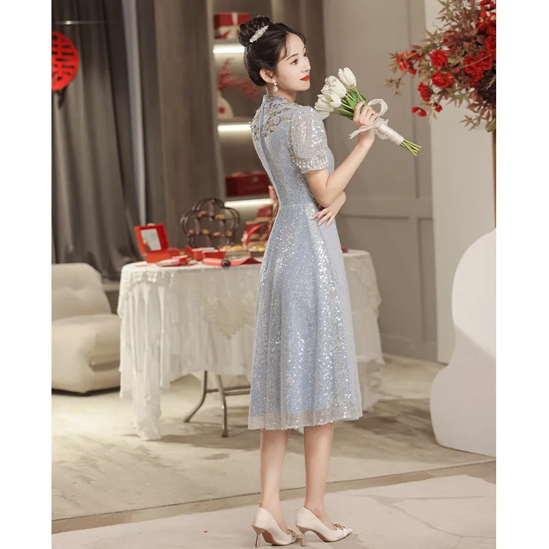 2025 Sky blue bridal toast  new new Chinese sequined bubble sleeves engagement banquet thank you dress skirt wholesale