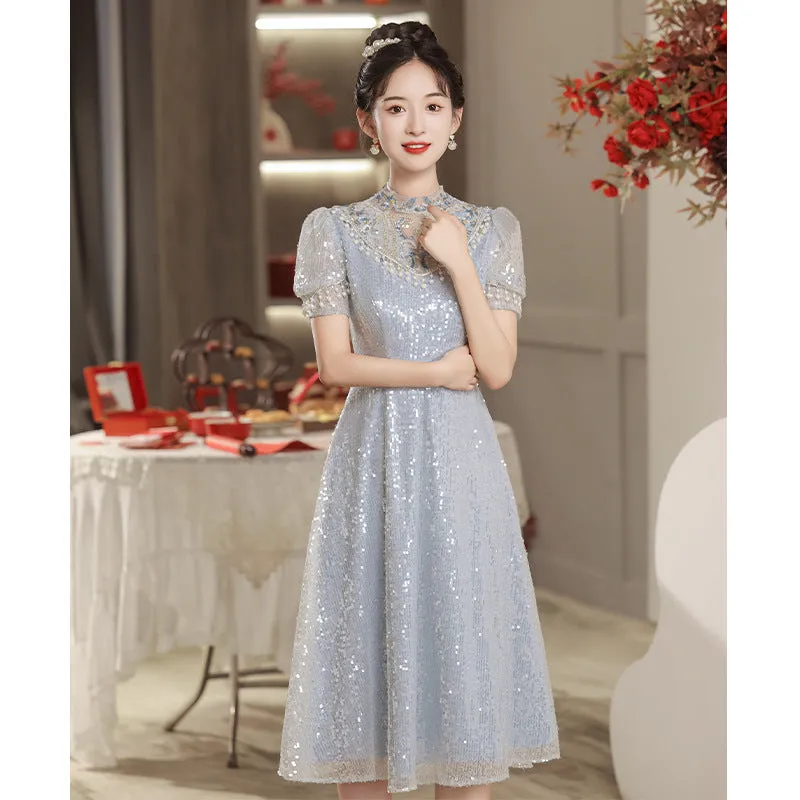 2025 Sky blue bridal toast  new new Chinese sequined bubble sleeves engagement banquet thank you dress skirt wholesale