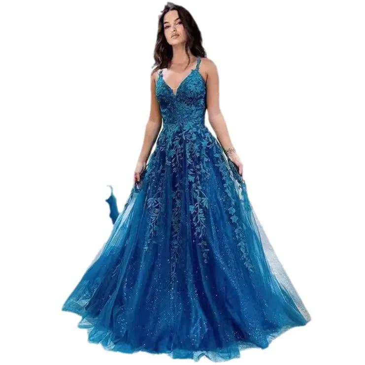 2025New Blue Slim Sexy Leaky Back Toast Clothing Birthday Party Host Skinny Annual Meeting Evening Dress Female
