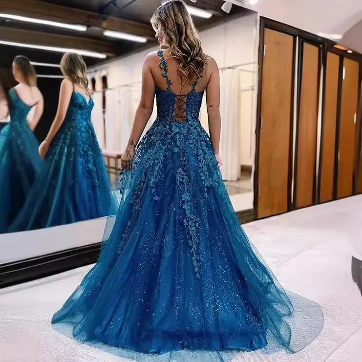 2025New Blue Slim Sexy Leaky Back Toast Clothing Birthday Party Host Skinny Annual Meeting Evening Dress Female