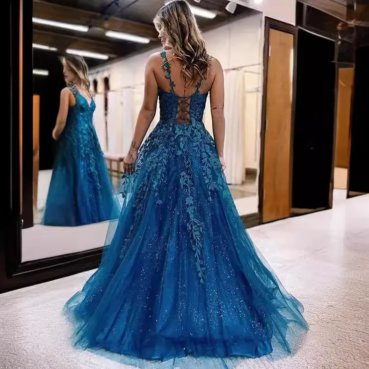 2025New Blue Slim Sexy Leaky Back Toast Clothing Birthday Party Host Skinny Annual Meeting Evening Dress Female