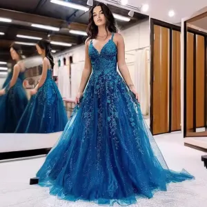 2025New Blue Slim Sexy Leaky Back Toast Clothing Birthday Party Host Skinny Annual Meeting Evening Dress Female