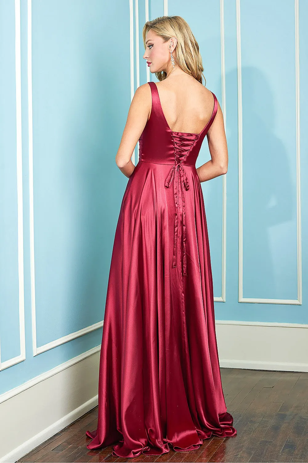 AD 3147 - Stretch Satin A-Line Prom Gown with Ruched V-Neck Bodice & Lace Up Corset Back