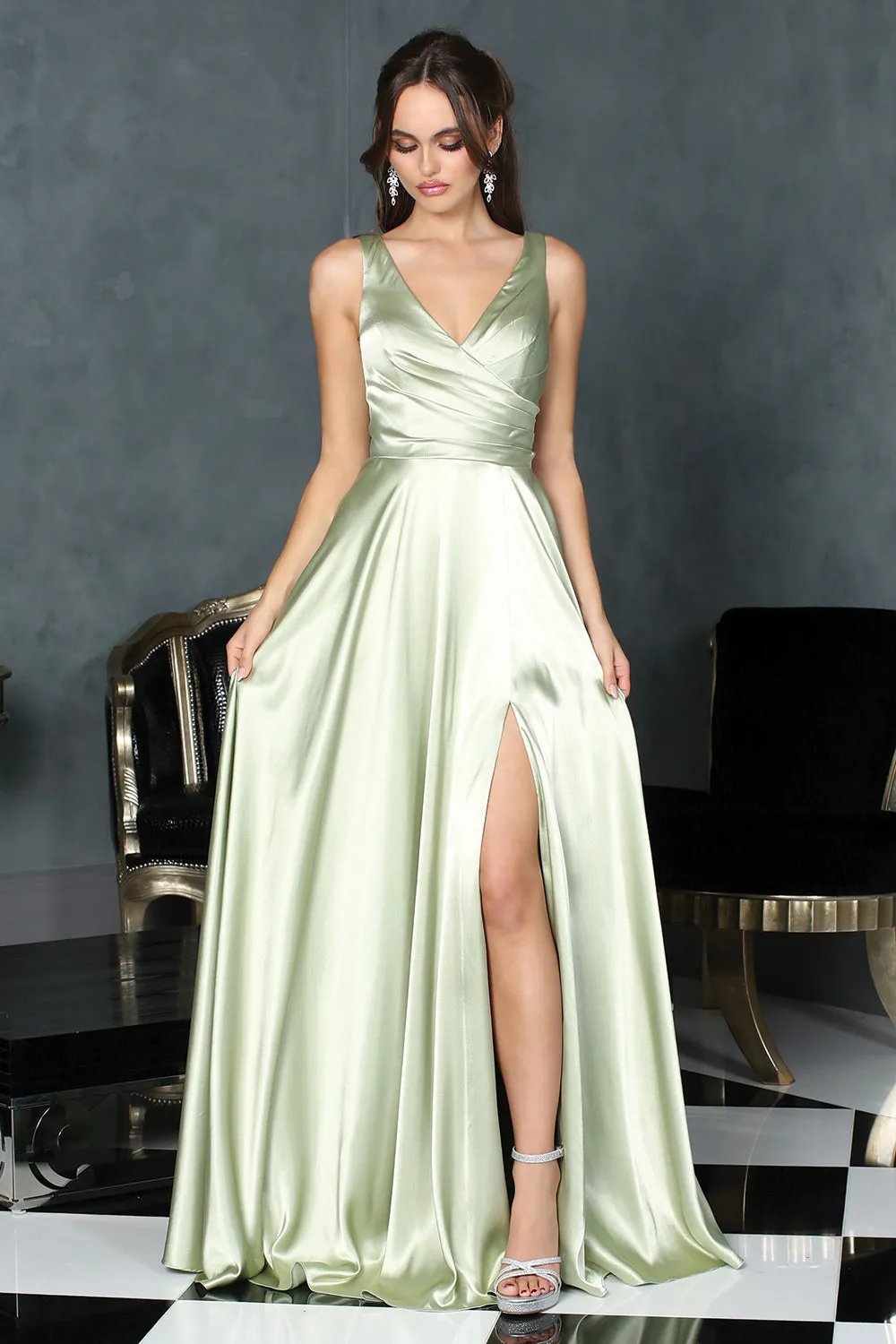 AD 3147 - Stretch Satin A-Line Prom Gown with Ruched V-Neck Bodice & Lace Up Corset Back