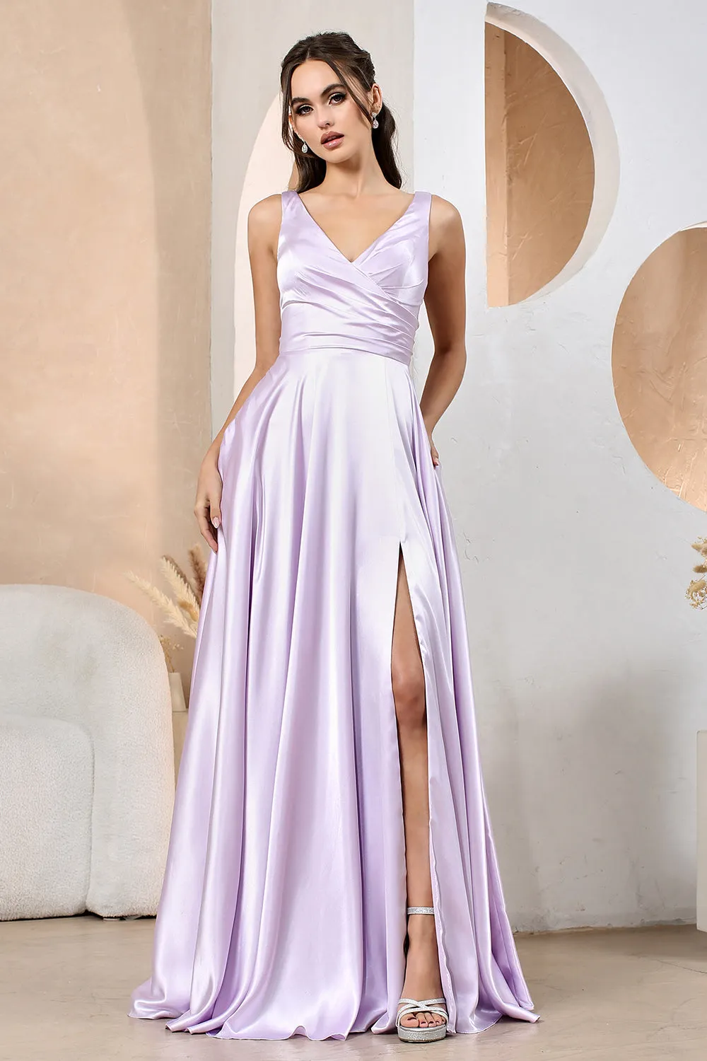AD 3147 - Stretch Satin A-Line Prom Gown with Ruched V-Neck Bodice & Lace Up Corset Back