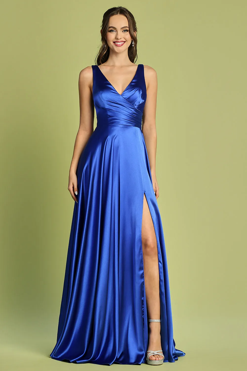 AD 3147 - Stretch Satin A-Line Prom Gown with Ruched V-Neck Bodice & Lace Up Corset Back