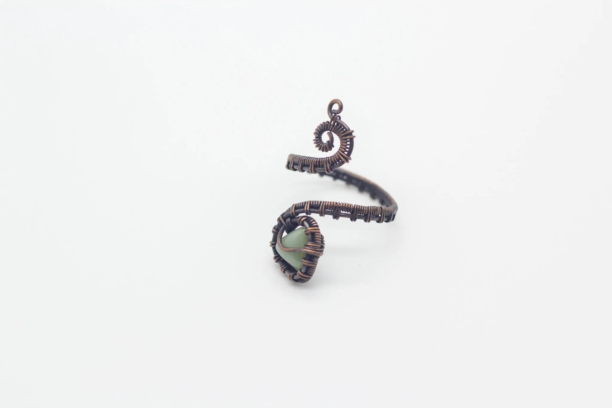 Adjustable Copper Ring with Pale Green Fused Glass Accent