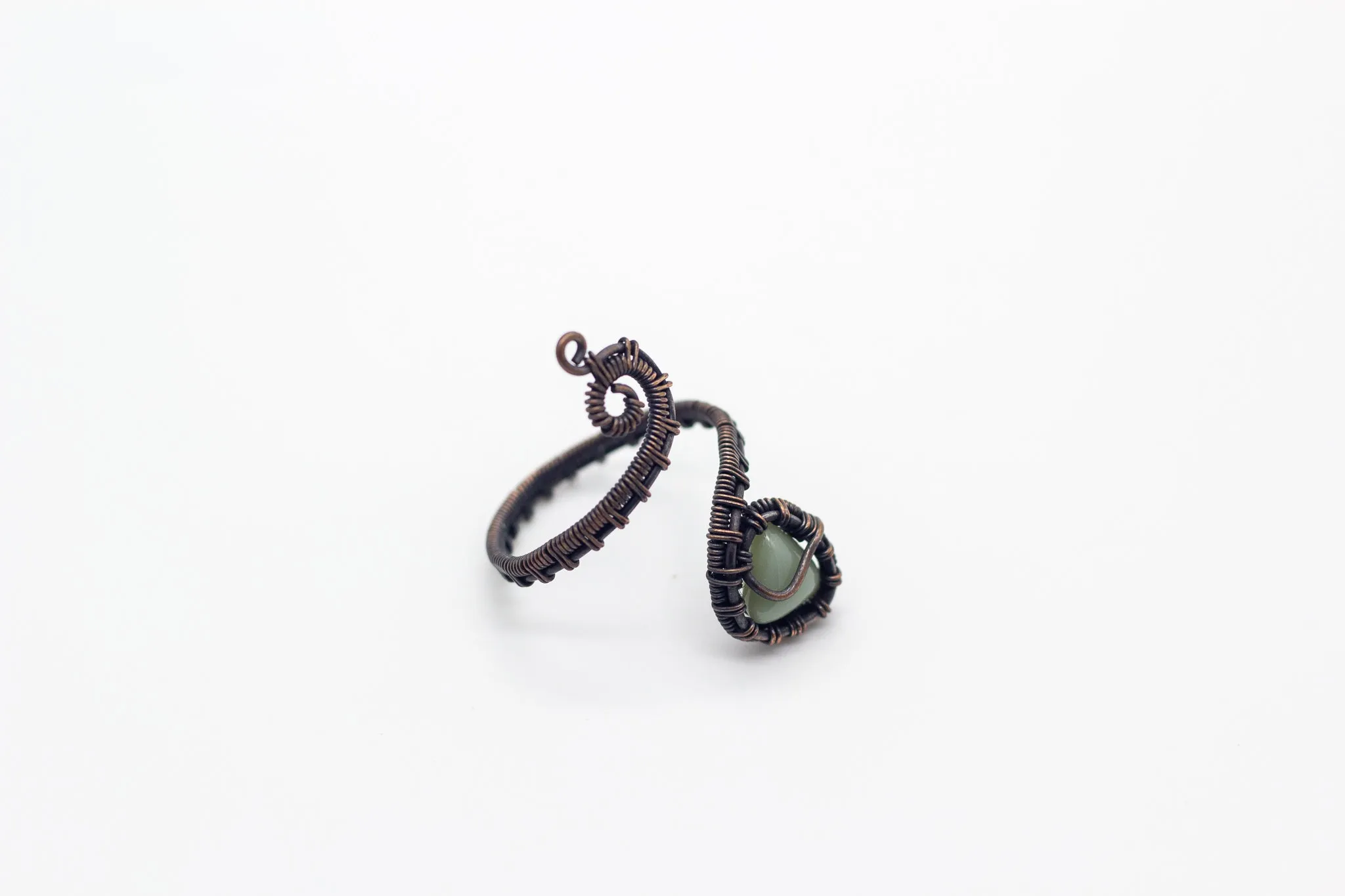 Adjustable Copper Ring with Pale Green Fused Glass Accent