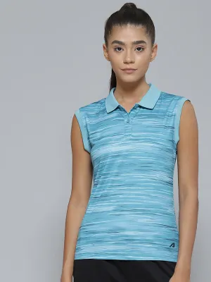Alcis Women Blue Striped Polo Collar Slim Fit T-shirt