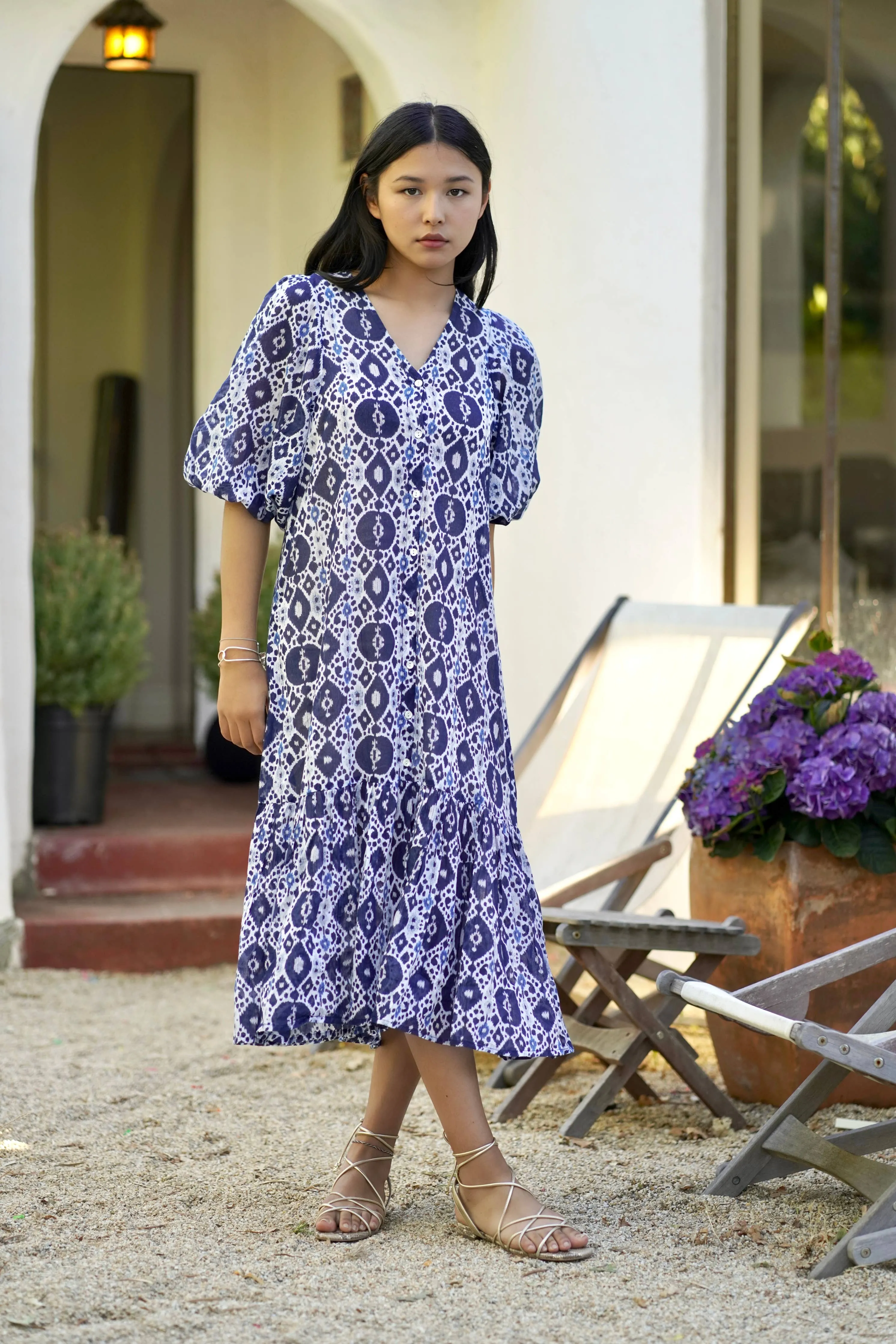 Amada Puff Sleeve Dress Navy White