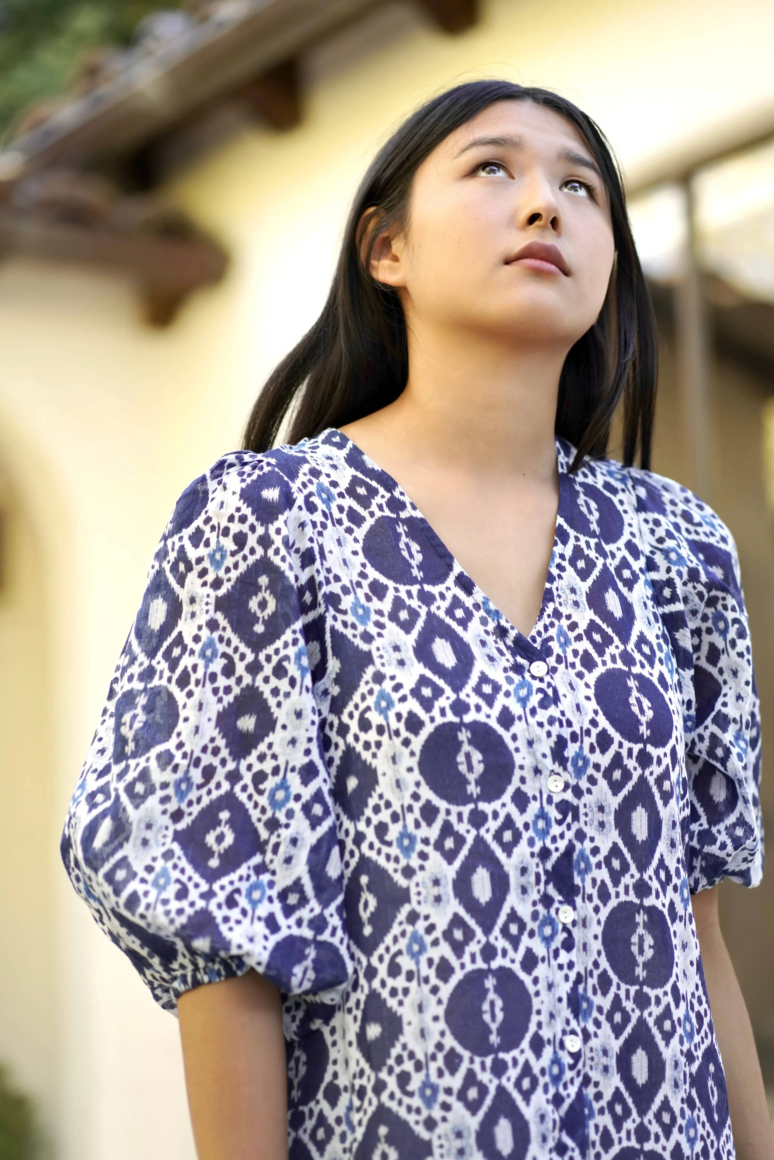 Amada Puff Sleeve Dress Navy White