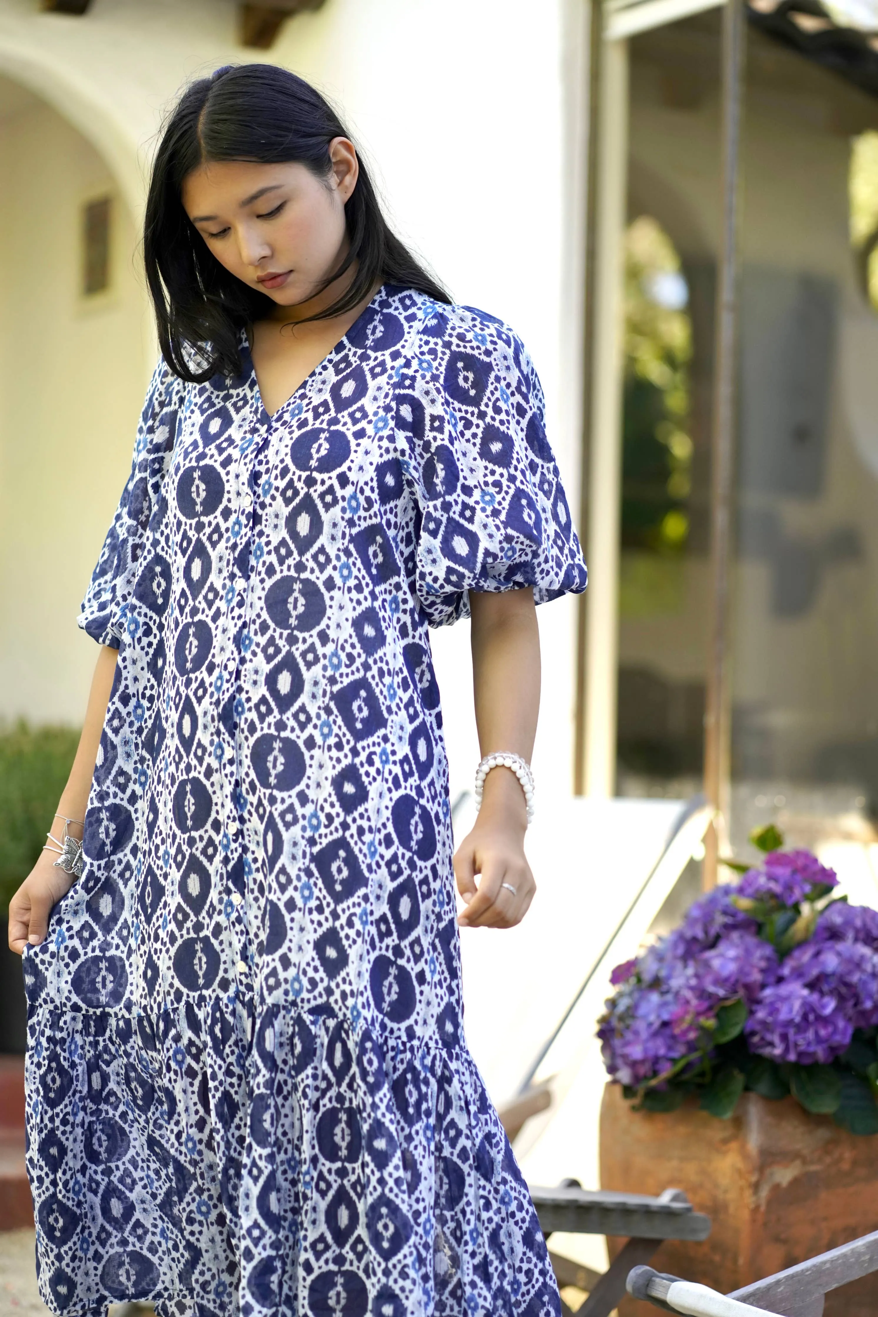Amada Puff Sleeve Dress Navy White