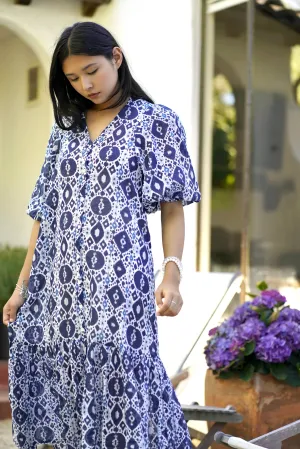 Amada Puff Sleeve Dress Navy White