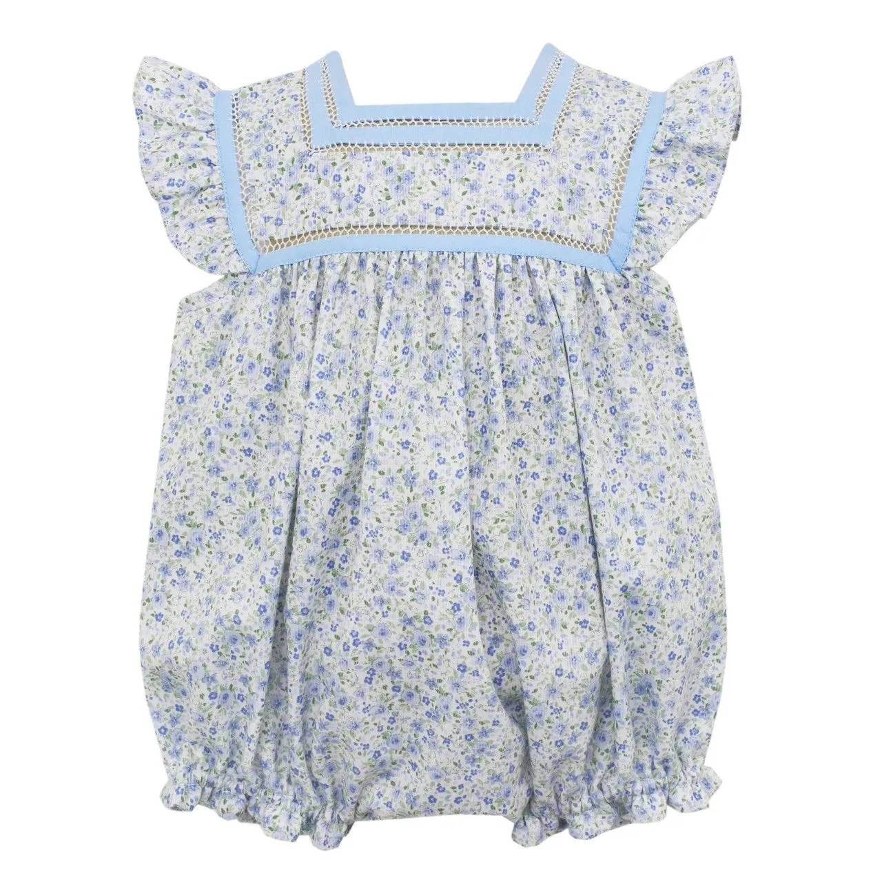 Anavini Blue Pique Floral Sleeveless Romper with Solid Blue Trim Bodice