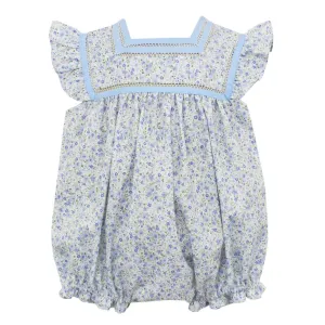 Anavini Blue Pique Floral Sleeveless Romper with Solid Blue Trim Bodice