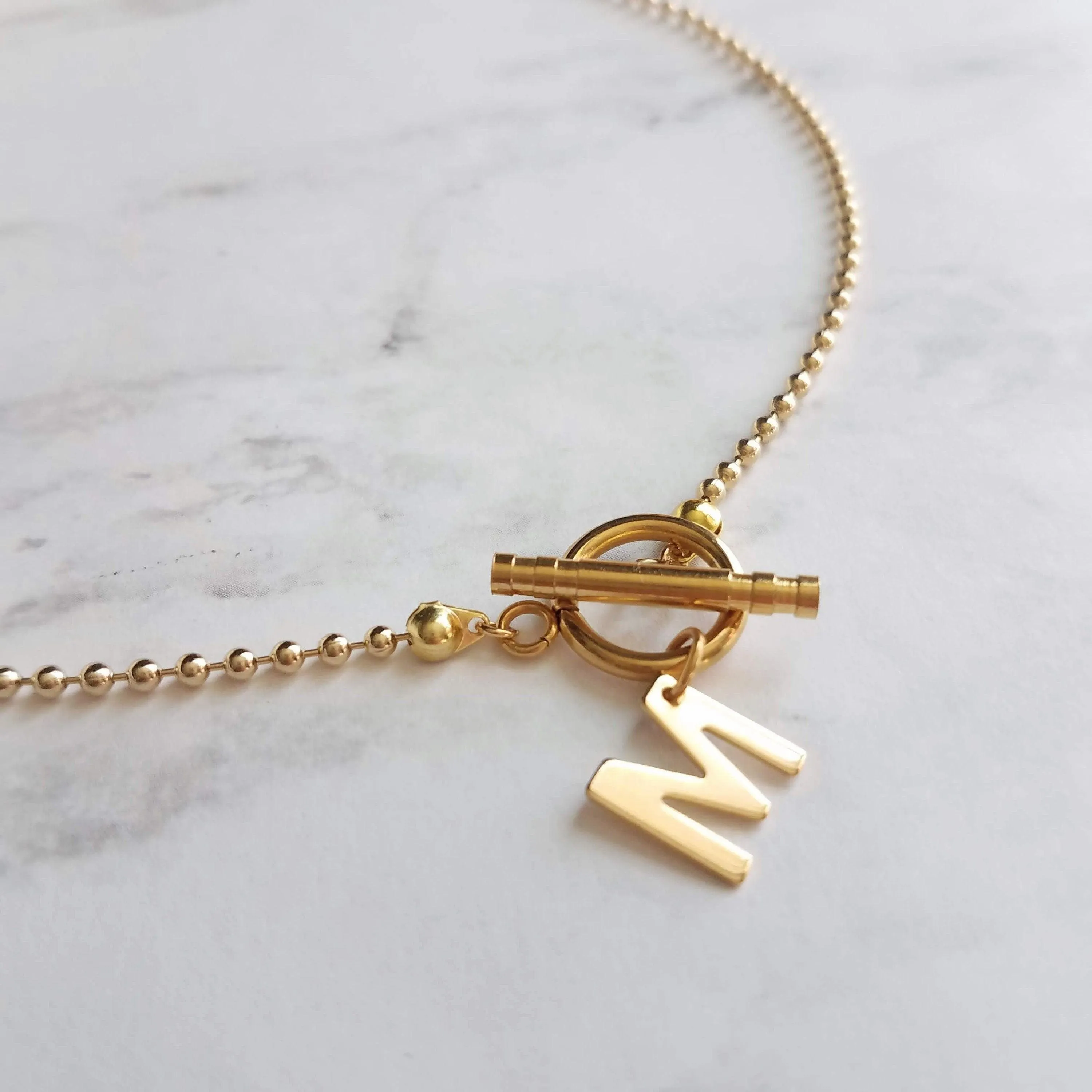 Antique Copper Ball Chain Necklace & Letter Charm, chunky chain, copper letter necklace, toggle clasp necklace, front clasp necklace, initial necklace, personalized gift