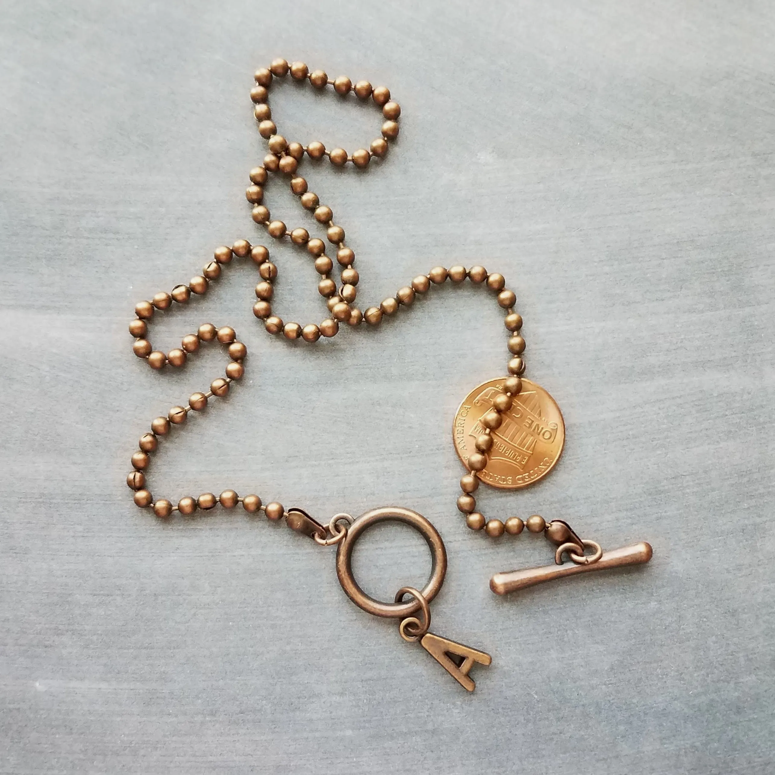 Antique Copper Ball Chain Necklace & Letter Charm, chunky chain, copper letter necklace, toggle clasp necklace, front clasp necklace, initial necklace, personalized gift