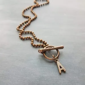 Antique Copper Ball Chain Necklace & Letter Charm, chunky chain, copper letter necklace, toggle clasp necklace, front clasp necklace, initial necklace, personalized gift