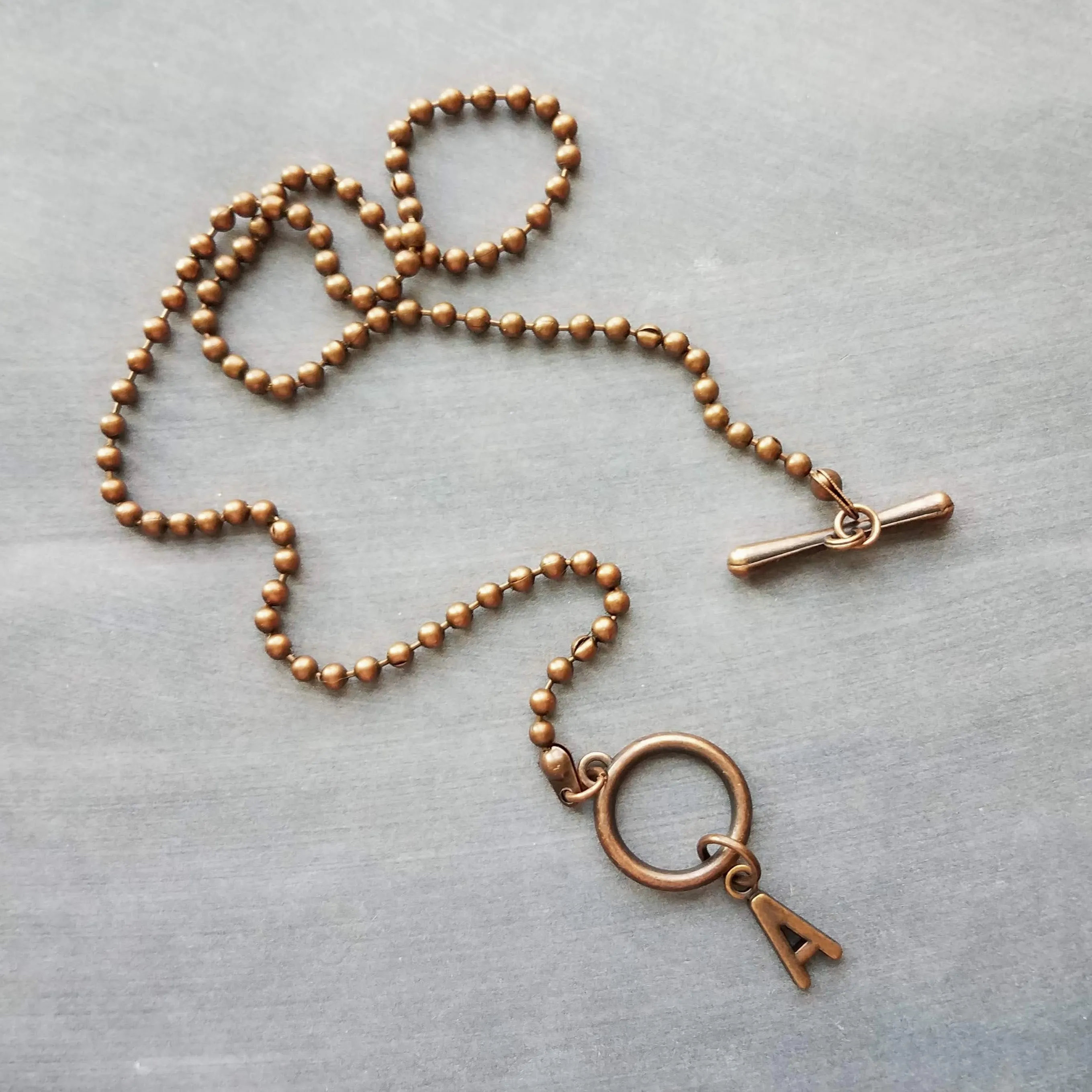 Antique Copper Ball Chain Necklace & Letter Charm, chunky chain, copper letter necklace, toggle clasp necklace, front clasp necklace, initial necklace, personalized gift