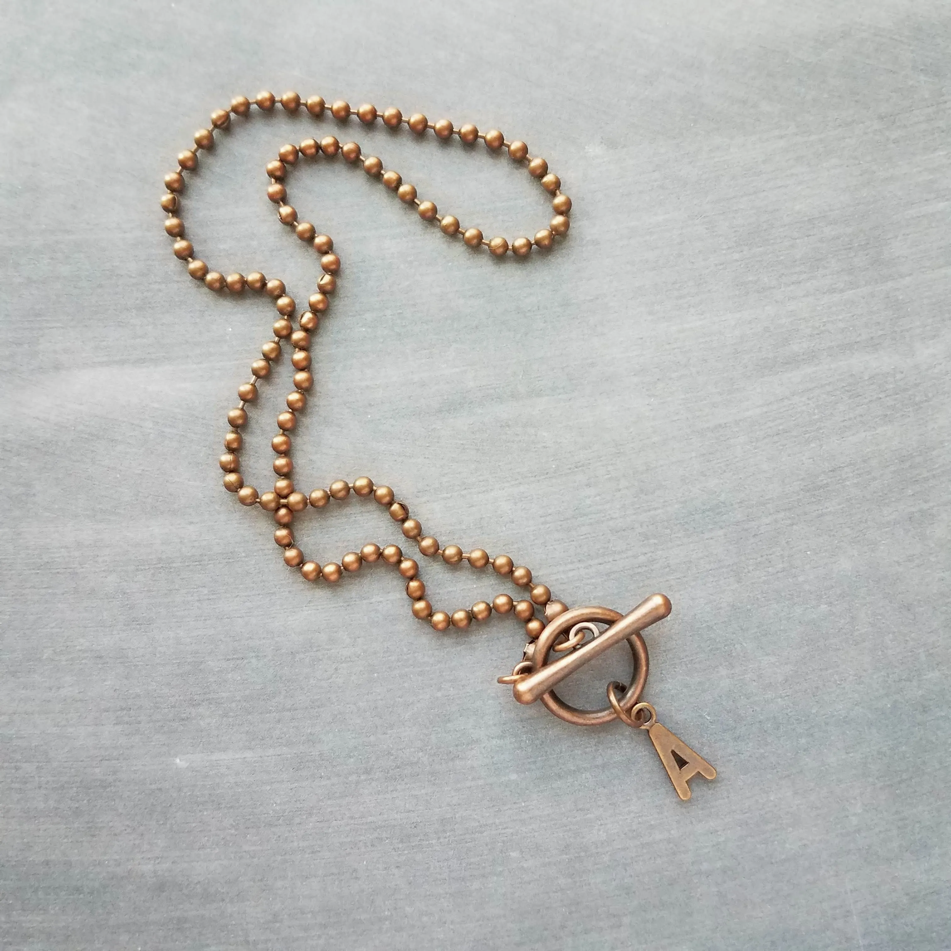 Antique Copper Ball Chain Necklace & Letter Charm, chunky chain, copper letter necklace, toggle clasp necklace, front clasp necklace, initial necklace, personalized gift