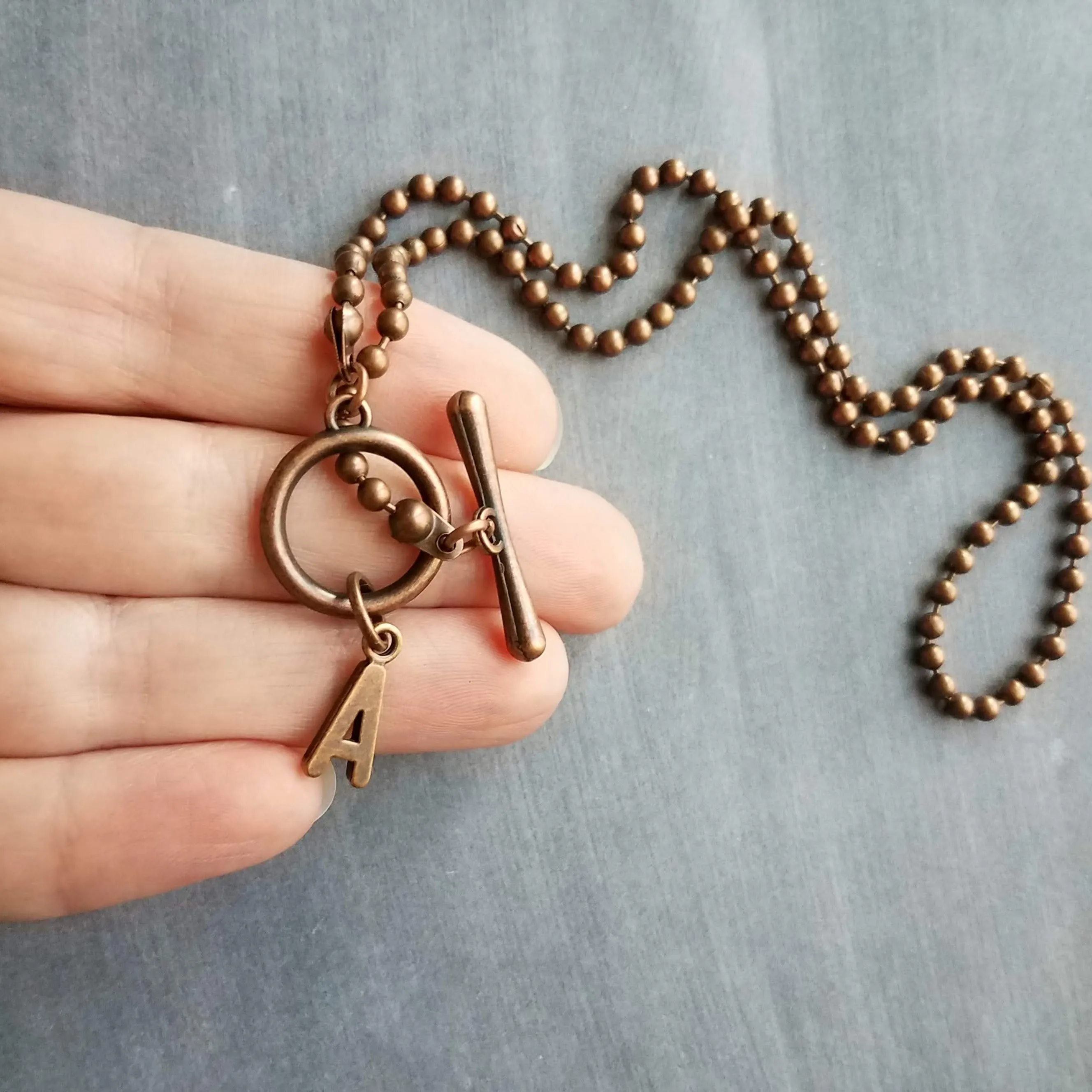 Antique Copper Ball Chain Necklace & Letter Charm, chunky chain, copper letter necklace, toggle clasp necklace, front clasp necklace, initial necklace, personalized gift
