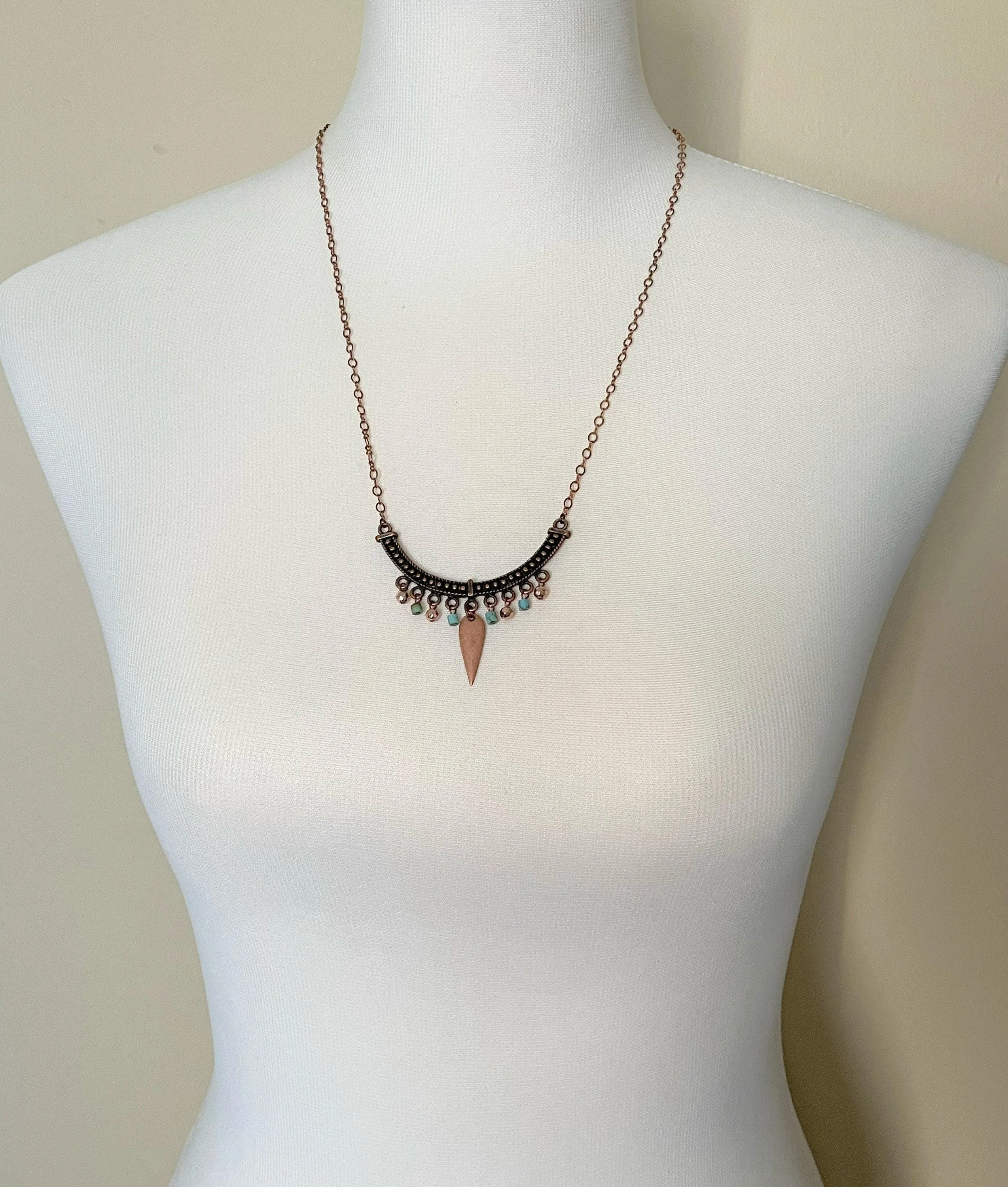 Antique Copper Necklace, stone bead necklace, turquoise copper necklace, bib necklace, u shape pendant, copper semicircle, copper dangle