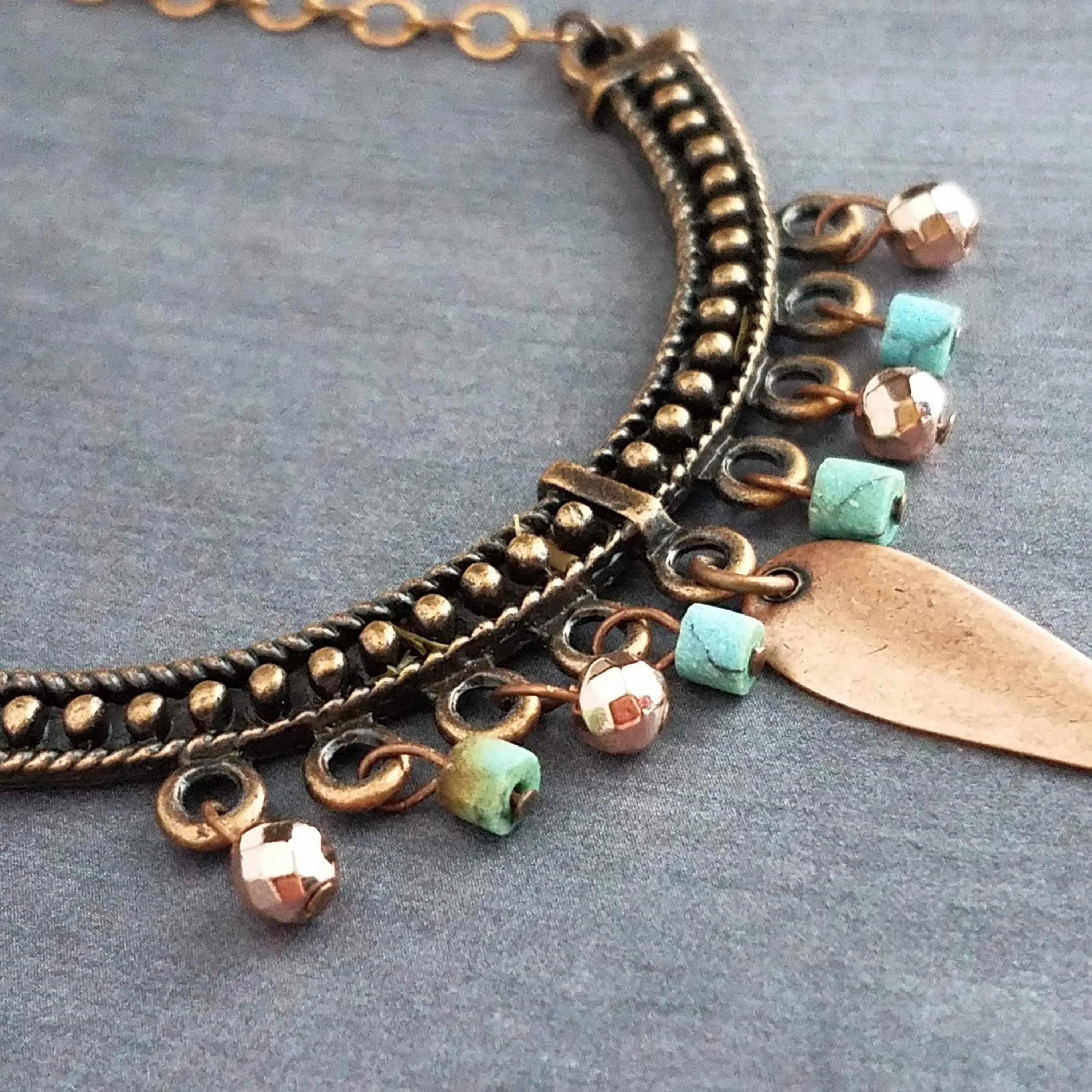 Antique Copper Necklace, stone bead necklace, turquoise copper necklace, bib necklace, u shape pendant, copper semicircle, copper dangle
