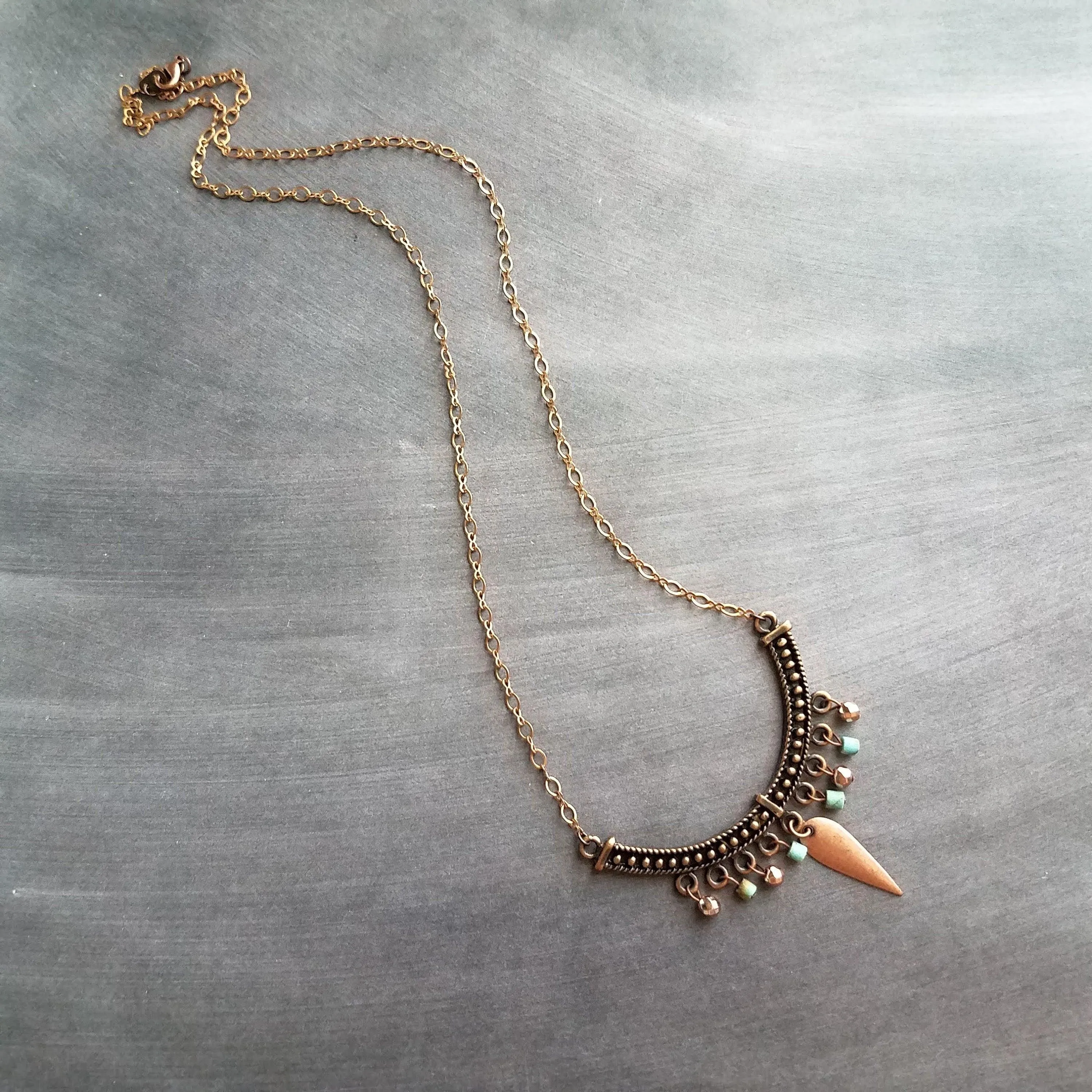 Antique Copper Necklace, stone bead necklace, turquoise copper necklace, bib necklace, u shape pendant, copper semicircle, copper dangle