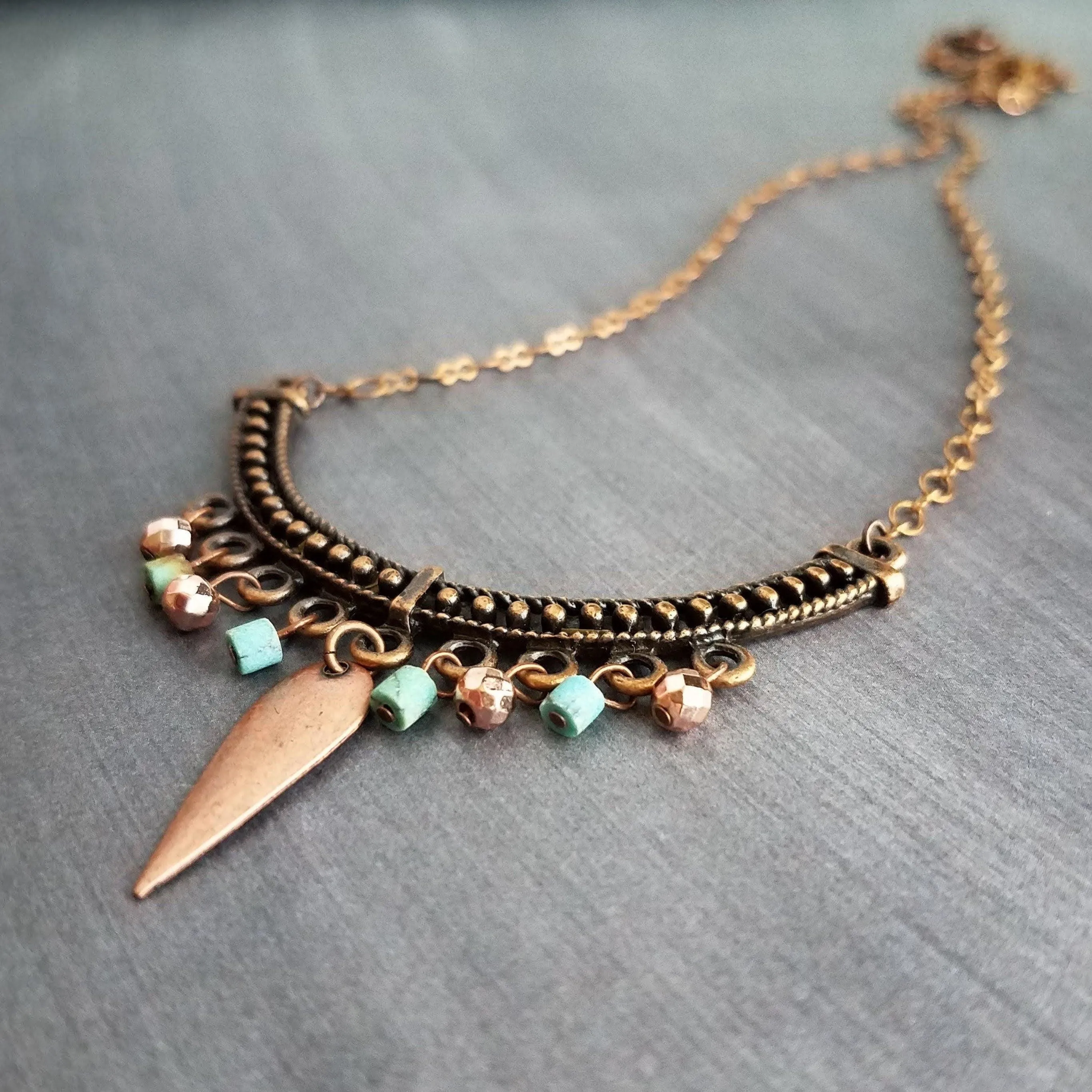 Antique Copper Necklace, stone bead necklace, turquoise copper necklace, bib necklace, u shape pendant, copper semicircle, copper dangle
