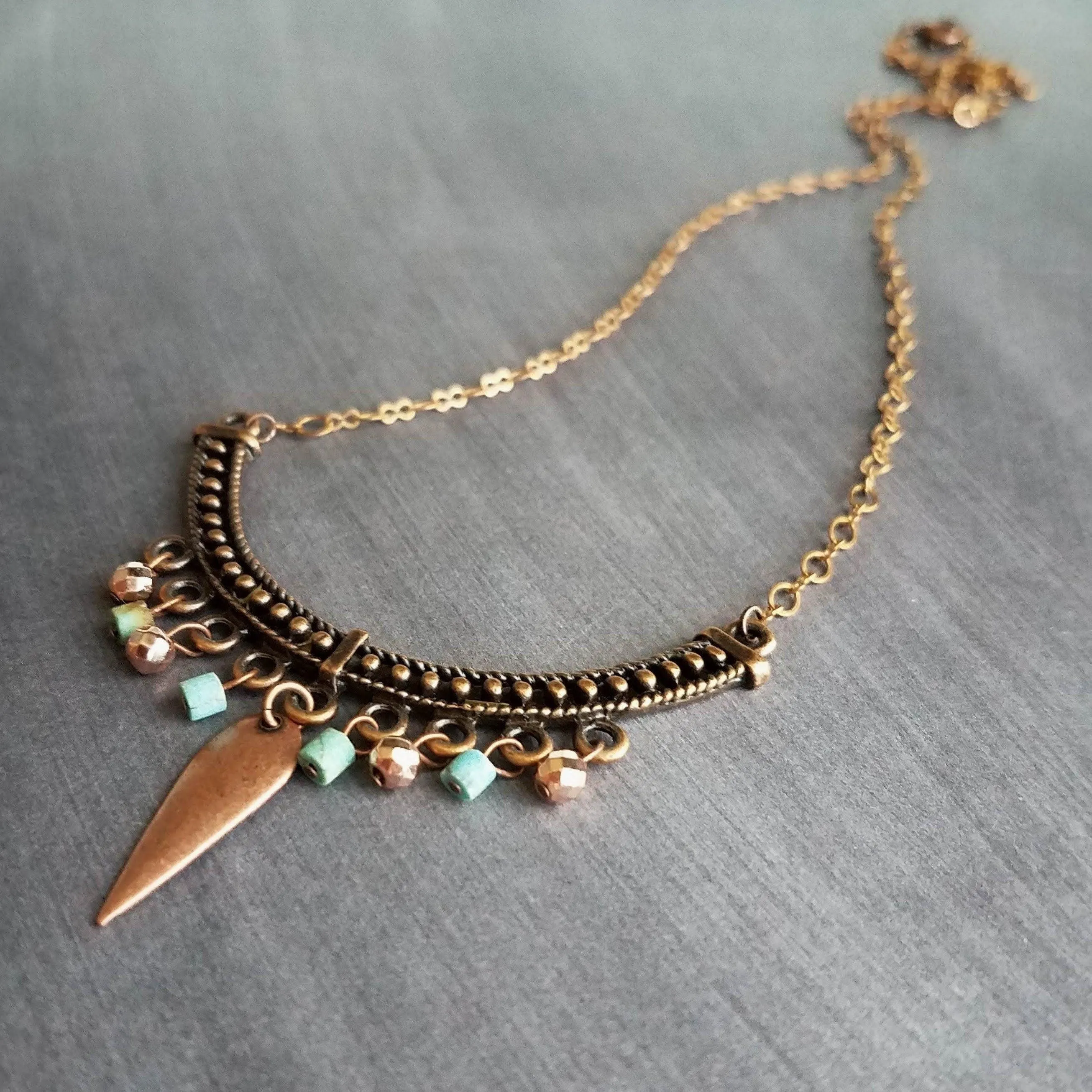 Antique Copper Necklace, stone bead necklace, turquoise copper necklace, bib necklace, u shape pendant, copper semicircle, copper dangle