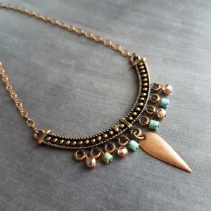 Antique Copper Necklace, stone bead necklace, turquoise copper necklace, bib necklace, u shape pendant, copper semicircle, copper dangle