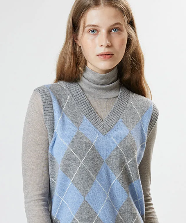 AVEN Wool Cashmere Argyle Vest - Gray
