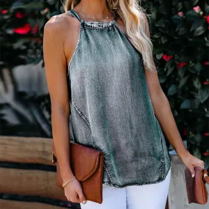 Backless Tie-Back Lace-up Denim Halter Tops