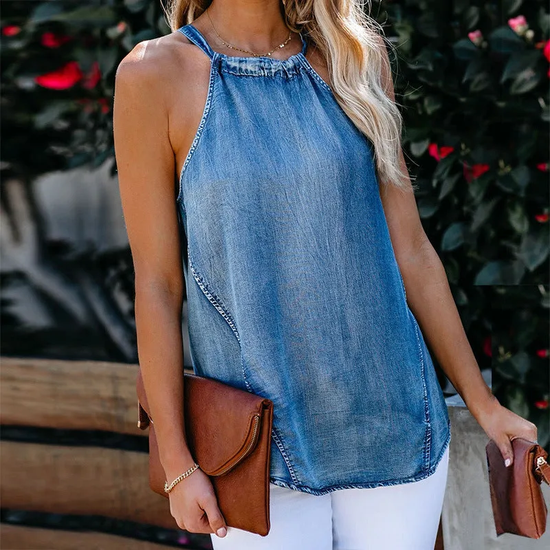 Backless Tie-Back Lace-up Denim Halter Tops